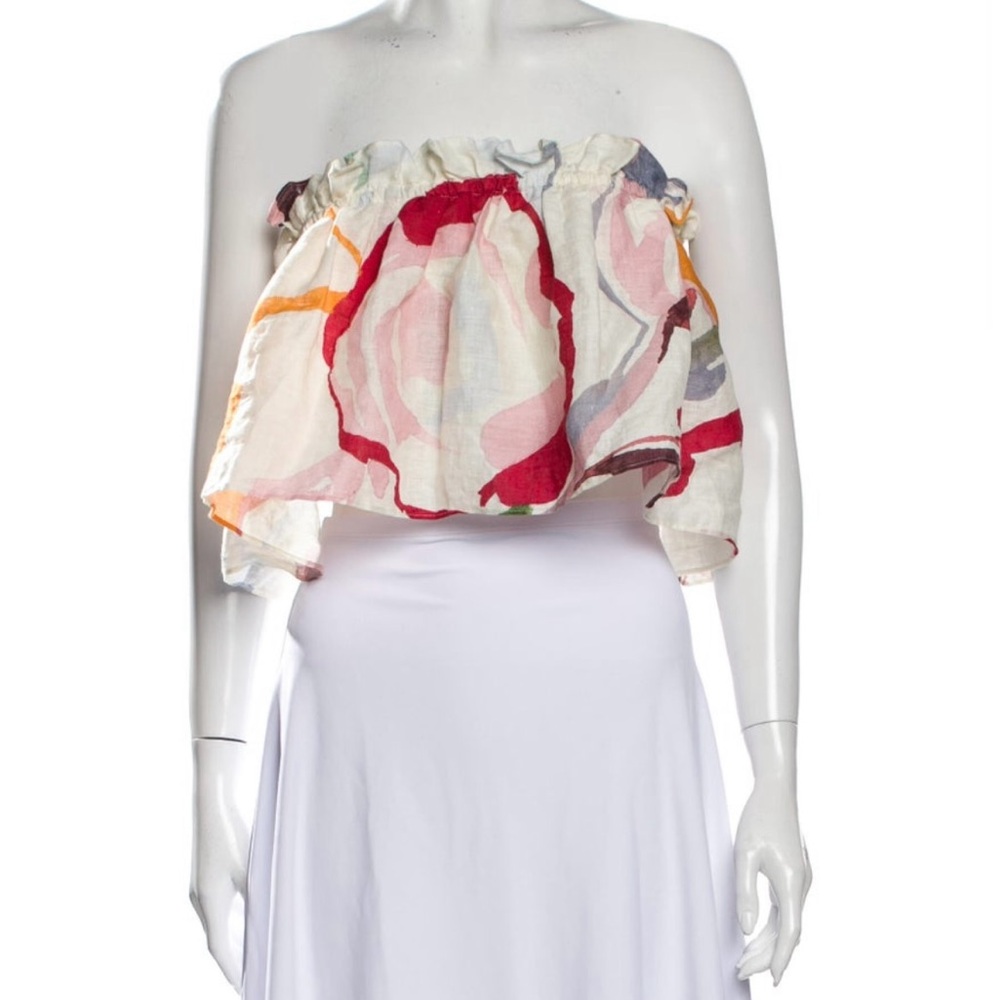 Cult Gaia Multicolor Off-Shoulder Linen  Floral Print Crop Top